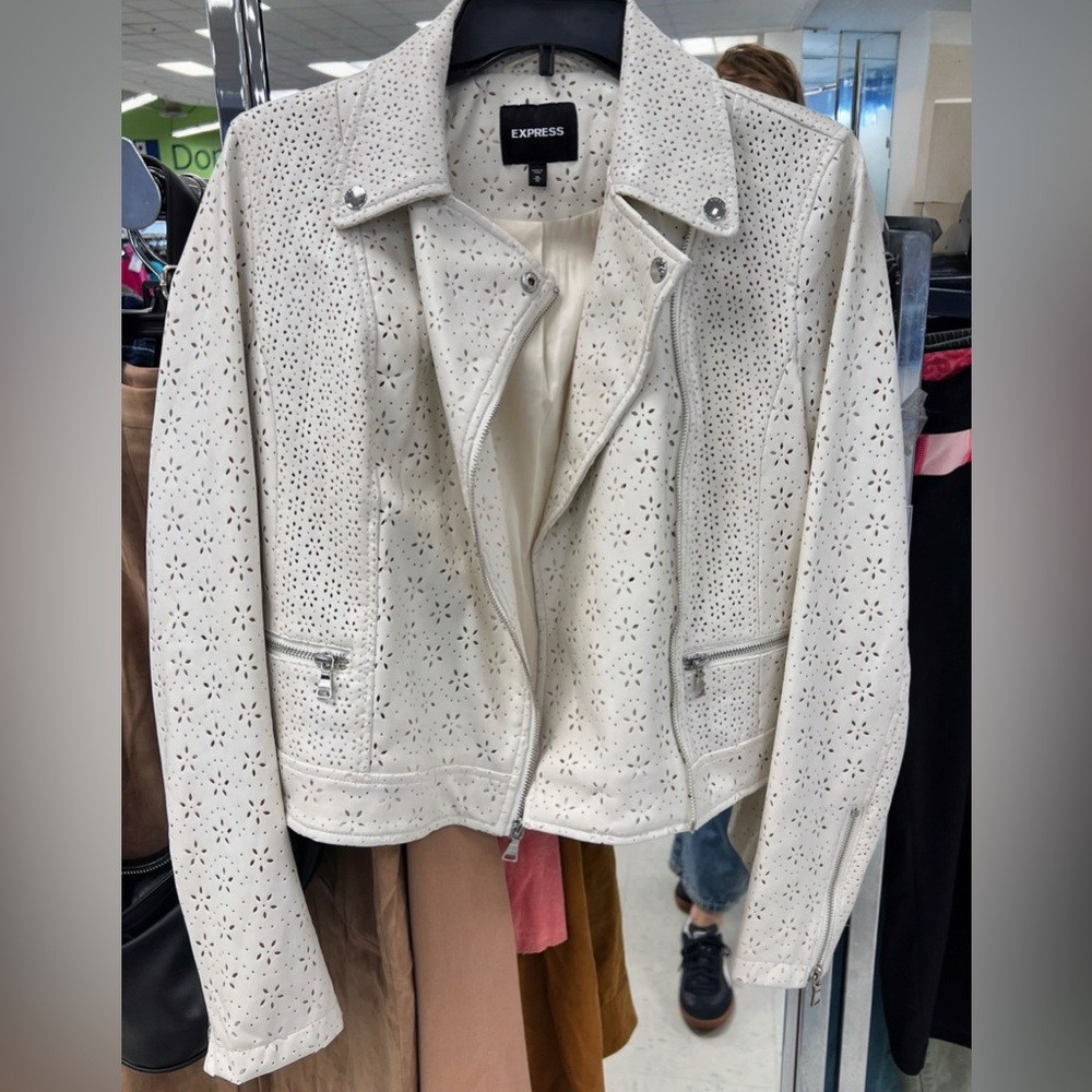 Express Off White Perforated Crop Leather Jacket Size Medium